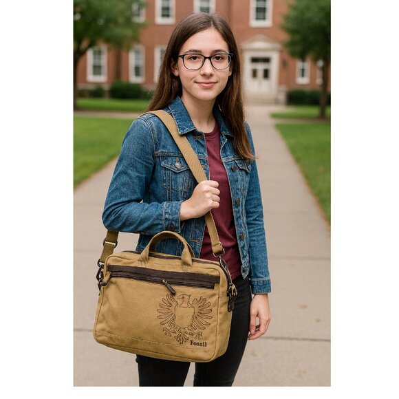 Fossil Laptop Bag Hand Shoulder Multi Compartments Tan With Emblem School Travel - Picture 1 of 6